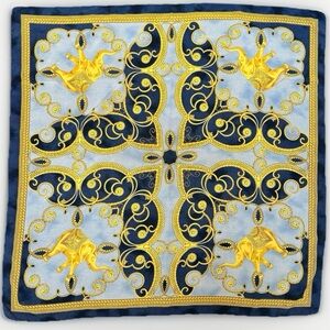 Vintage ESCADA Vibrant Blue & Gold Elephant Detailed Silk Square Scarf